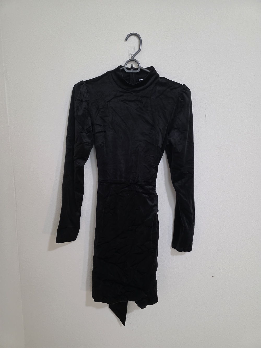 NSR Black Velvet Long Sleeve High-Neck Mini Dress